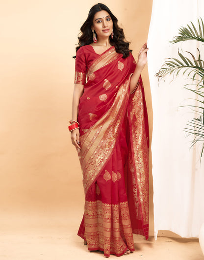 Red Silk Blend Woven Kanjivaram Saree