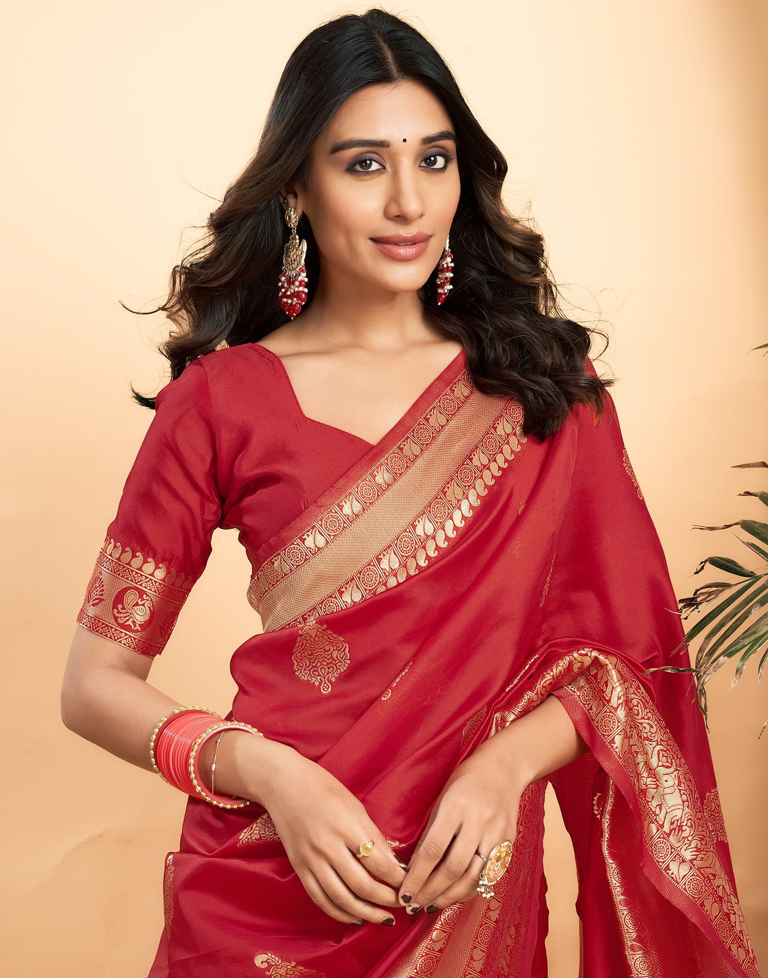 Red Silk Blend Woven Kanjivaram Saree