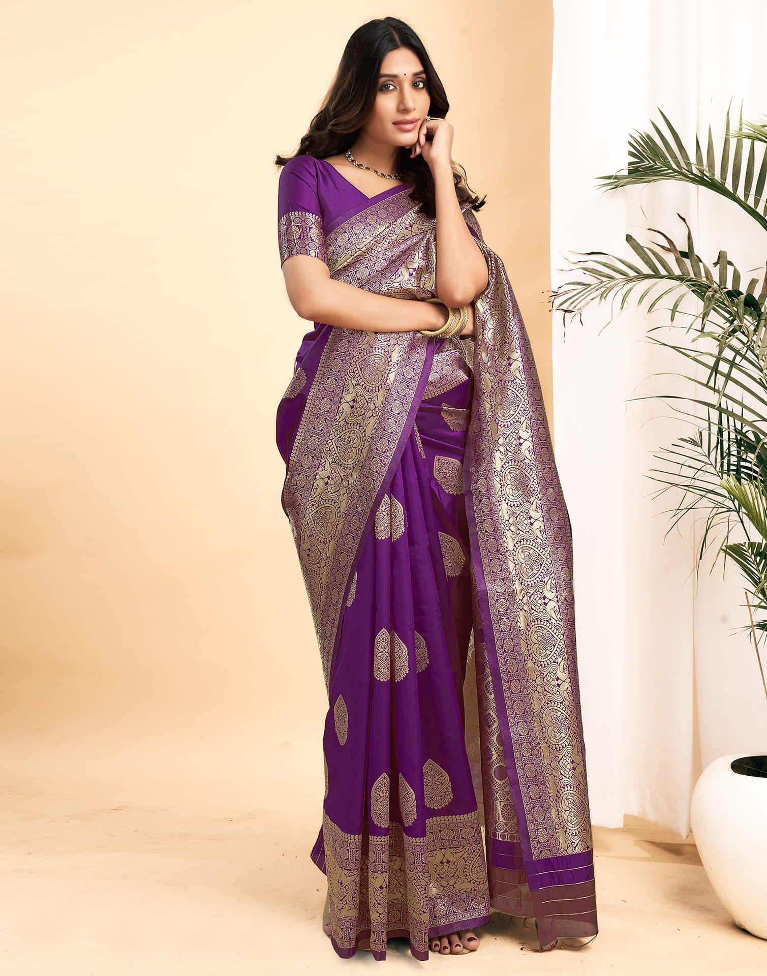 Purple Silk Blend Woven Kanjivaram Saree