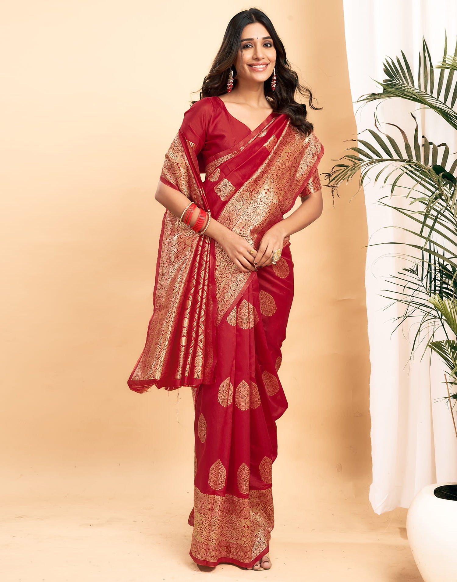 Red Silk Blend Woven Kanjivaram Saree