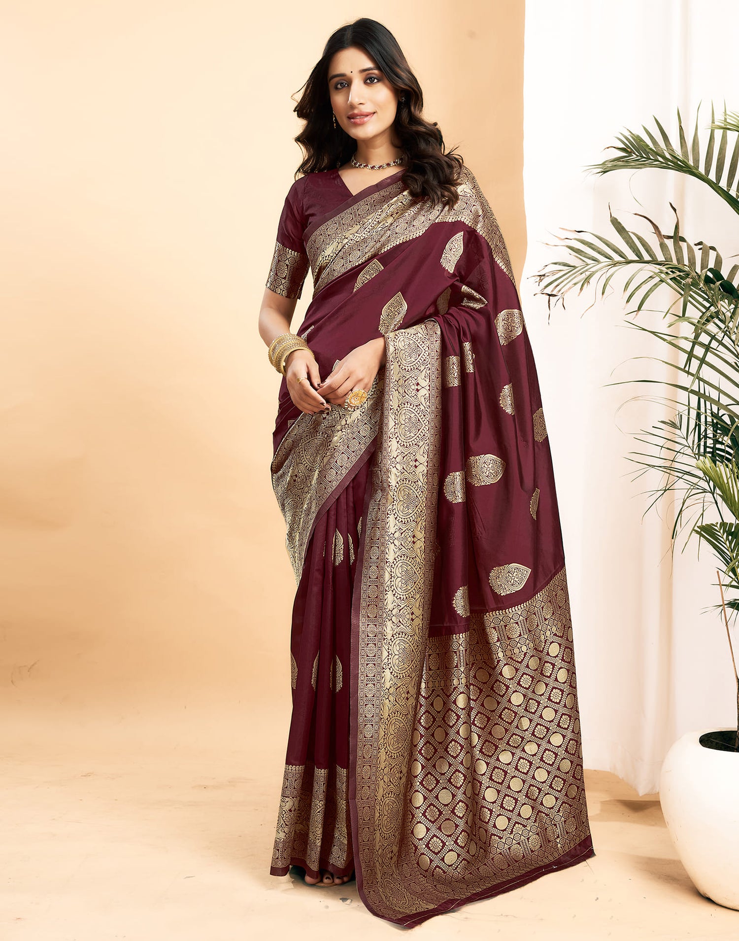 Maroon Silk Blend Woven Kanjivaram Saree