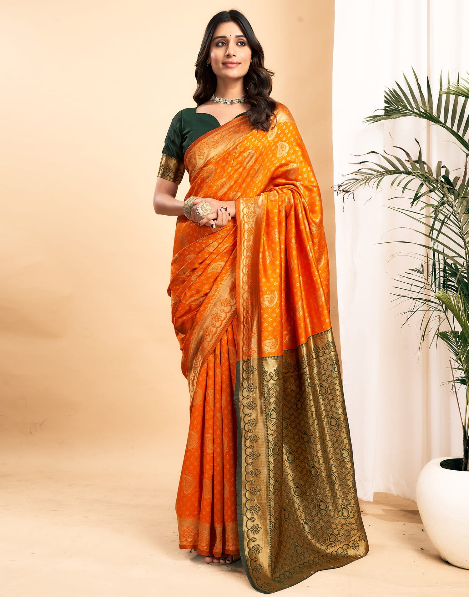 Orange Silk Blend Woven Banarasi Saree