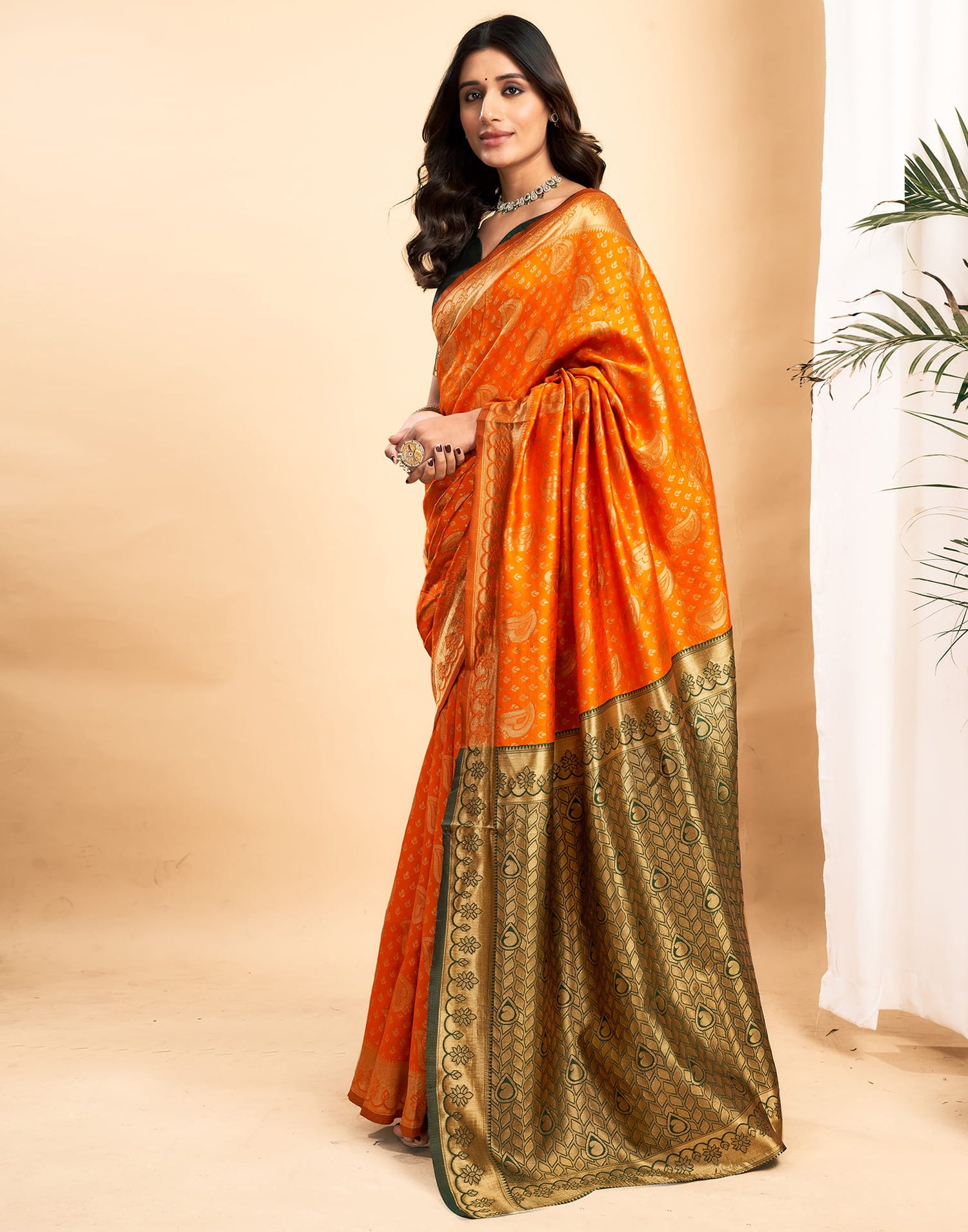 Orange Silk Blend Woven Banarasi Saree