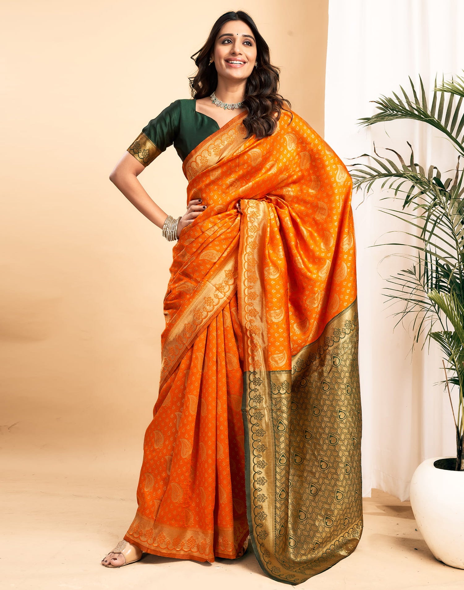 Orange Silk Blend Woven Banarasi Saree