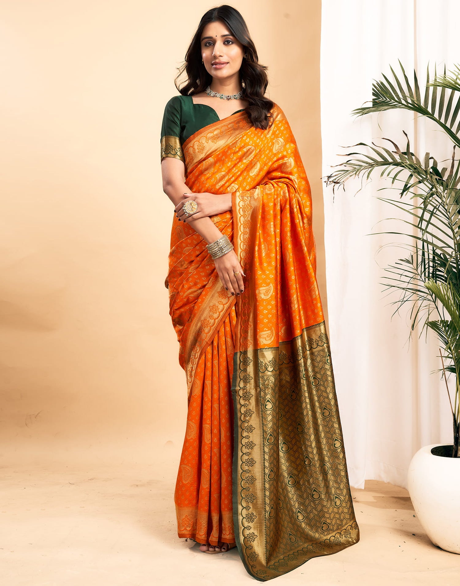 Orange Silk Blend Woven Banarasi Saree