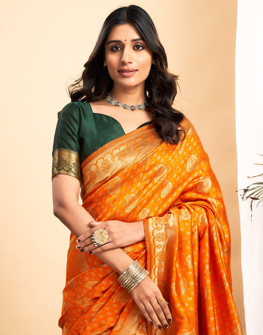 Orange Silk Blend Woven Banarasi Saree