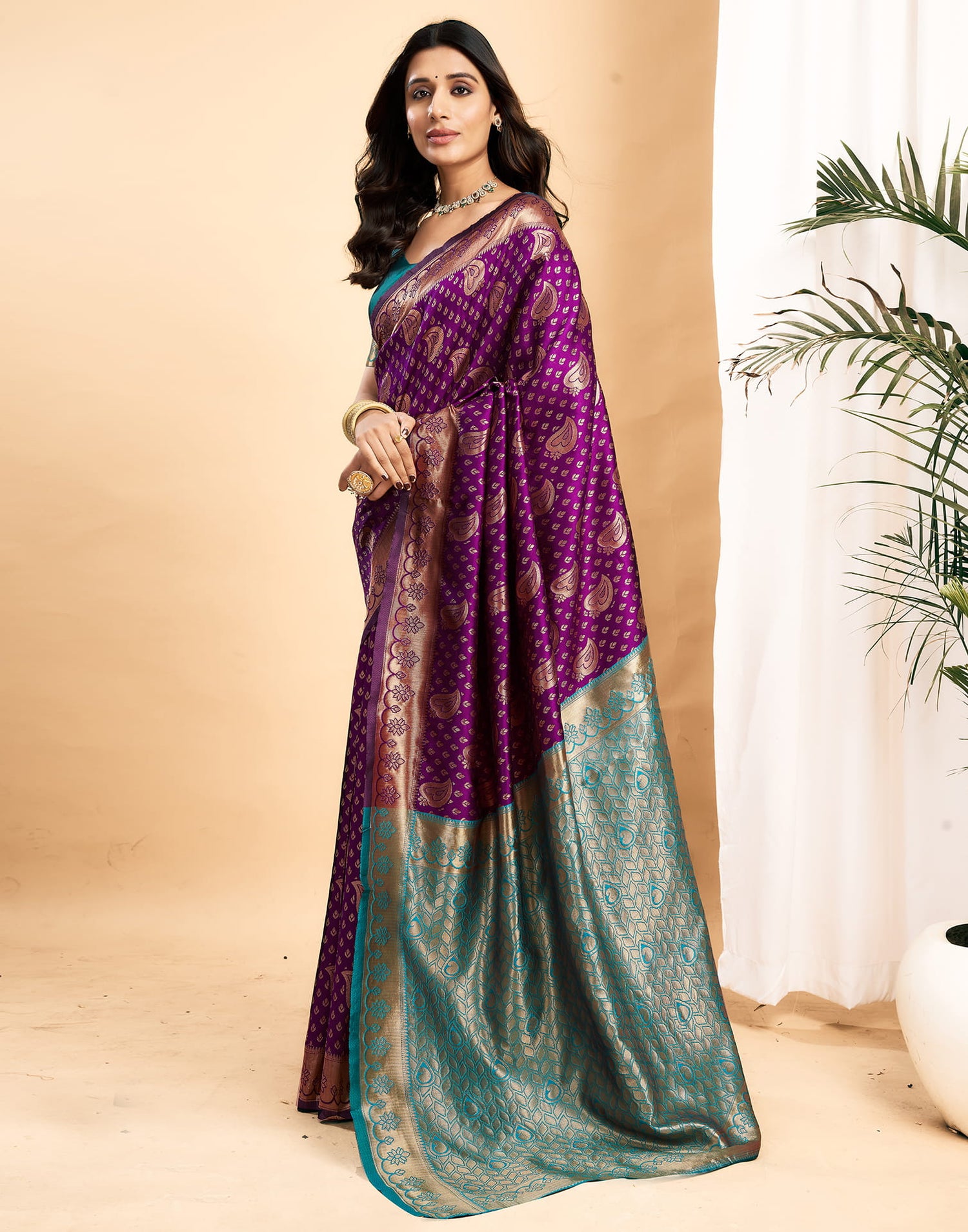 Purple Silk Blend Woven Banarasi Saree