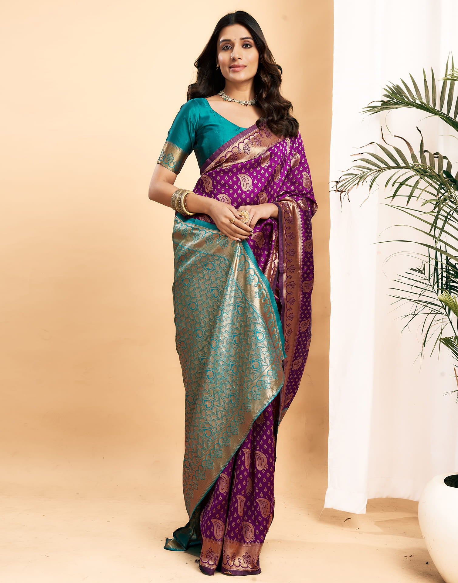 Purple Silk Blend Woven Banarasi Saree