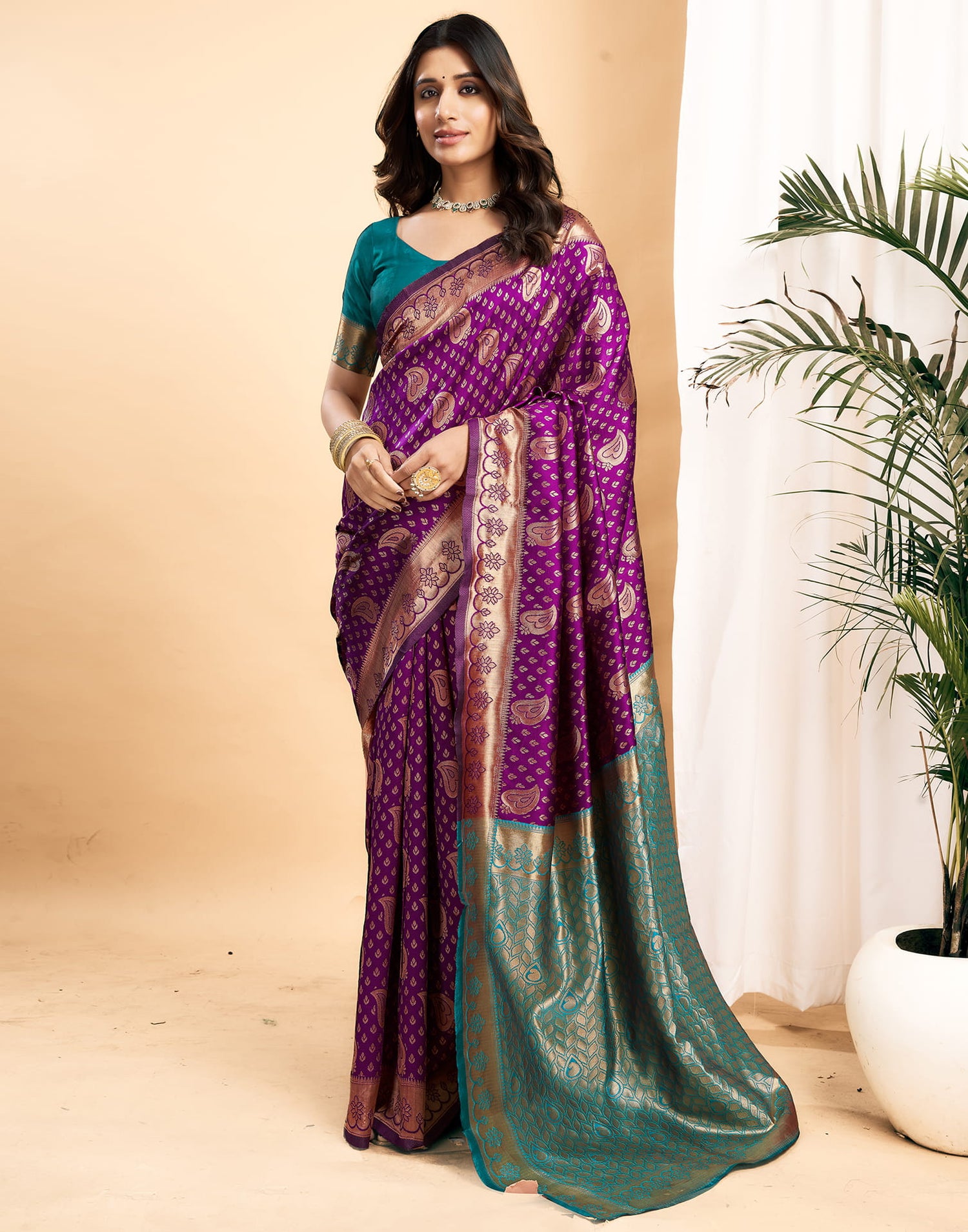 Purple Silk Blend Woven Banarasi Saree