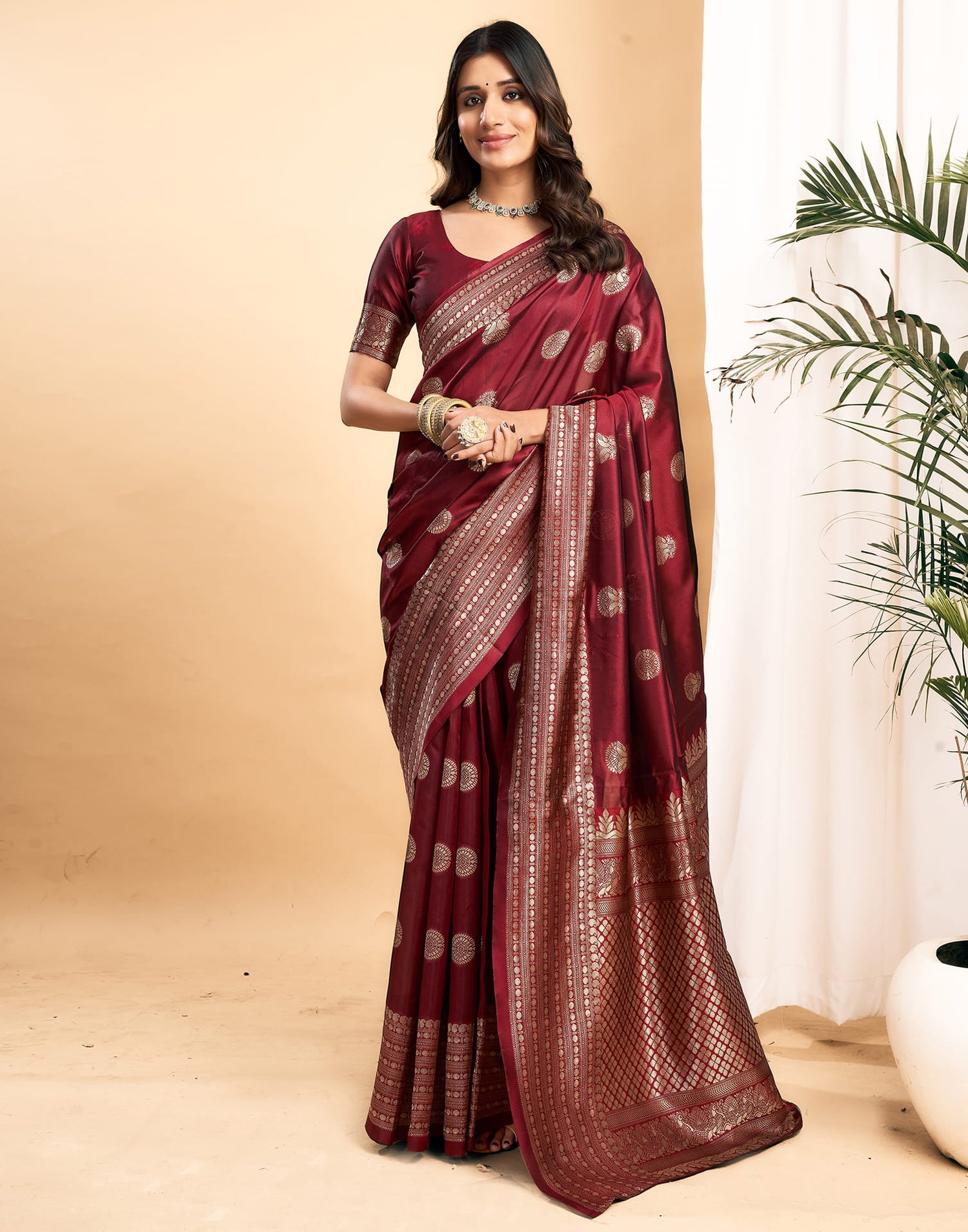 Maroon Silk Woven Banarasi Saree