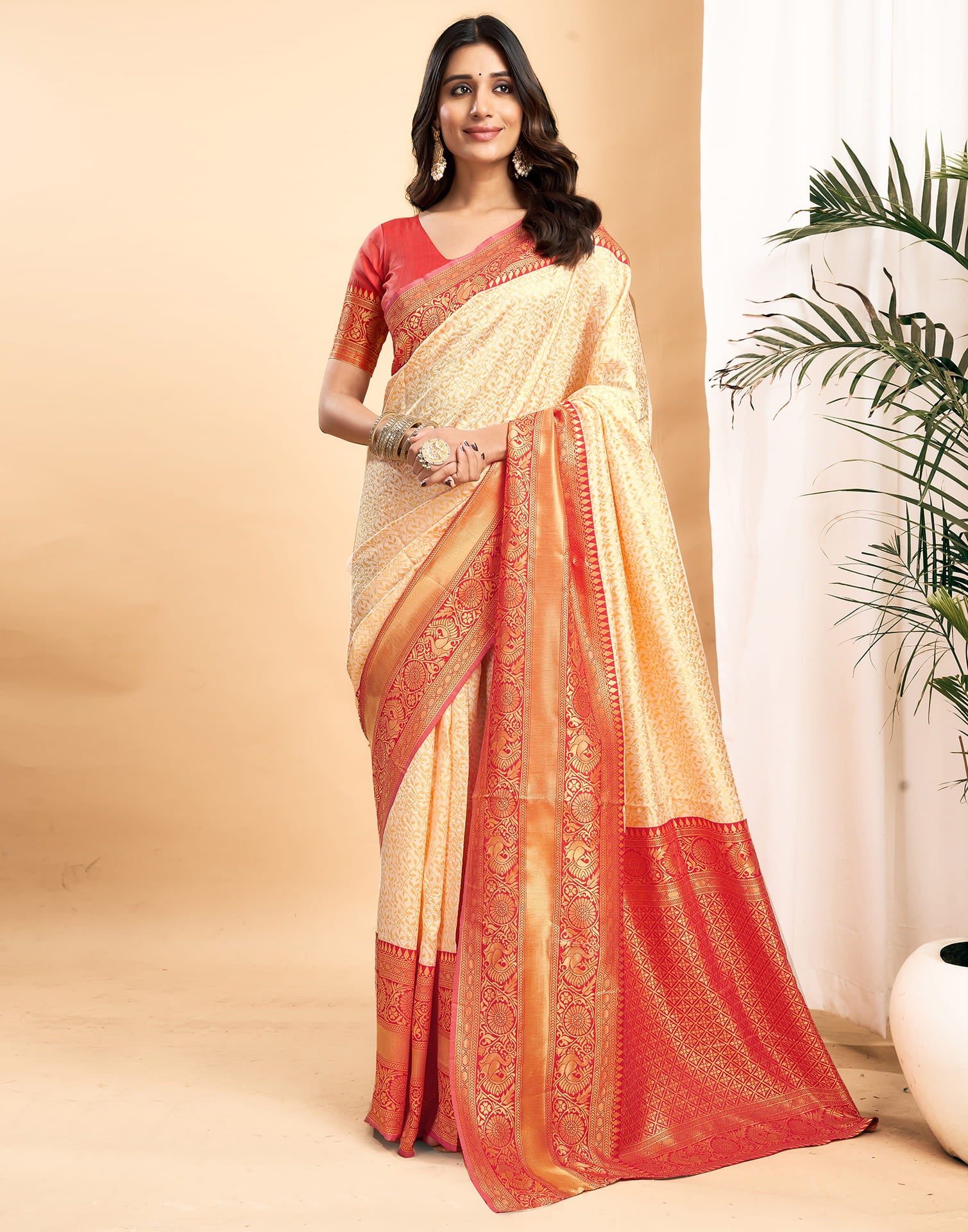 Cream Silk Blend Woven Kanjivaram Saree