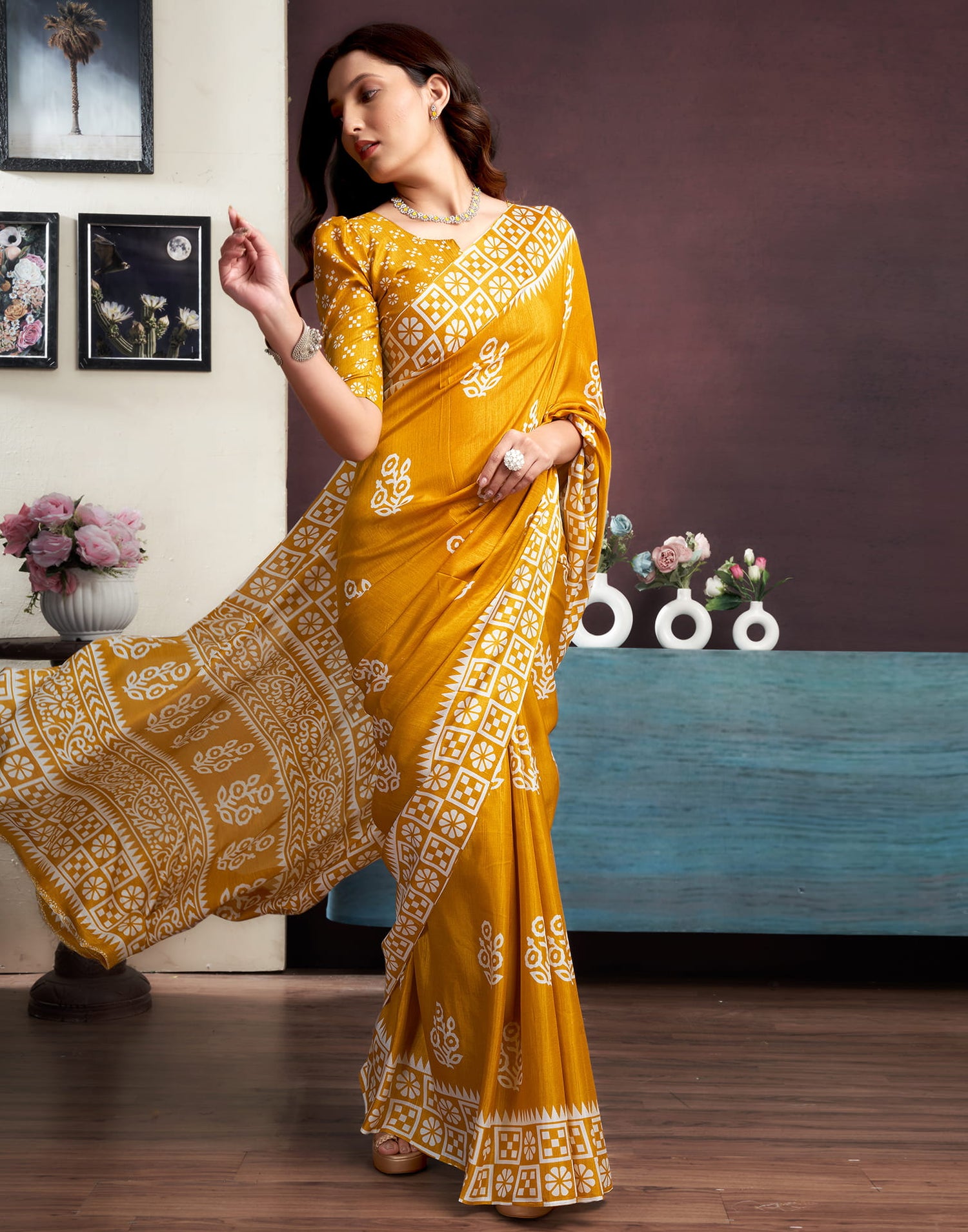 Yellow Dola Silk Printed Printed Saree
