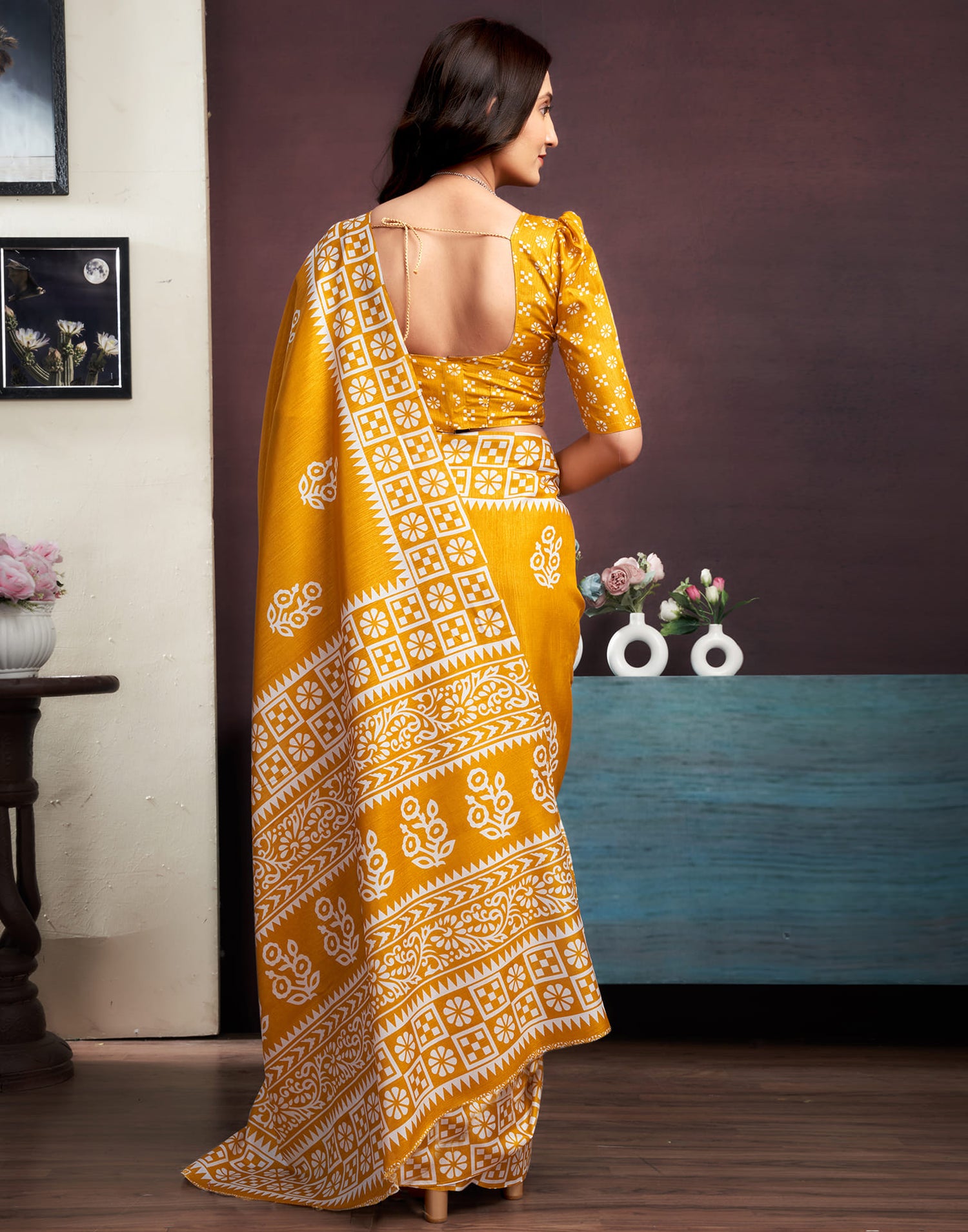 Yellow Dola Silk Printed Printed Saree