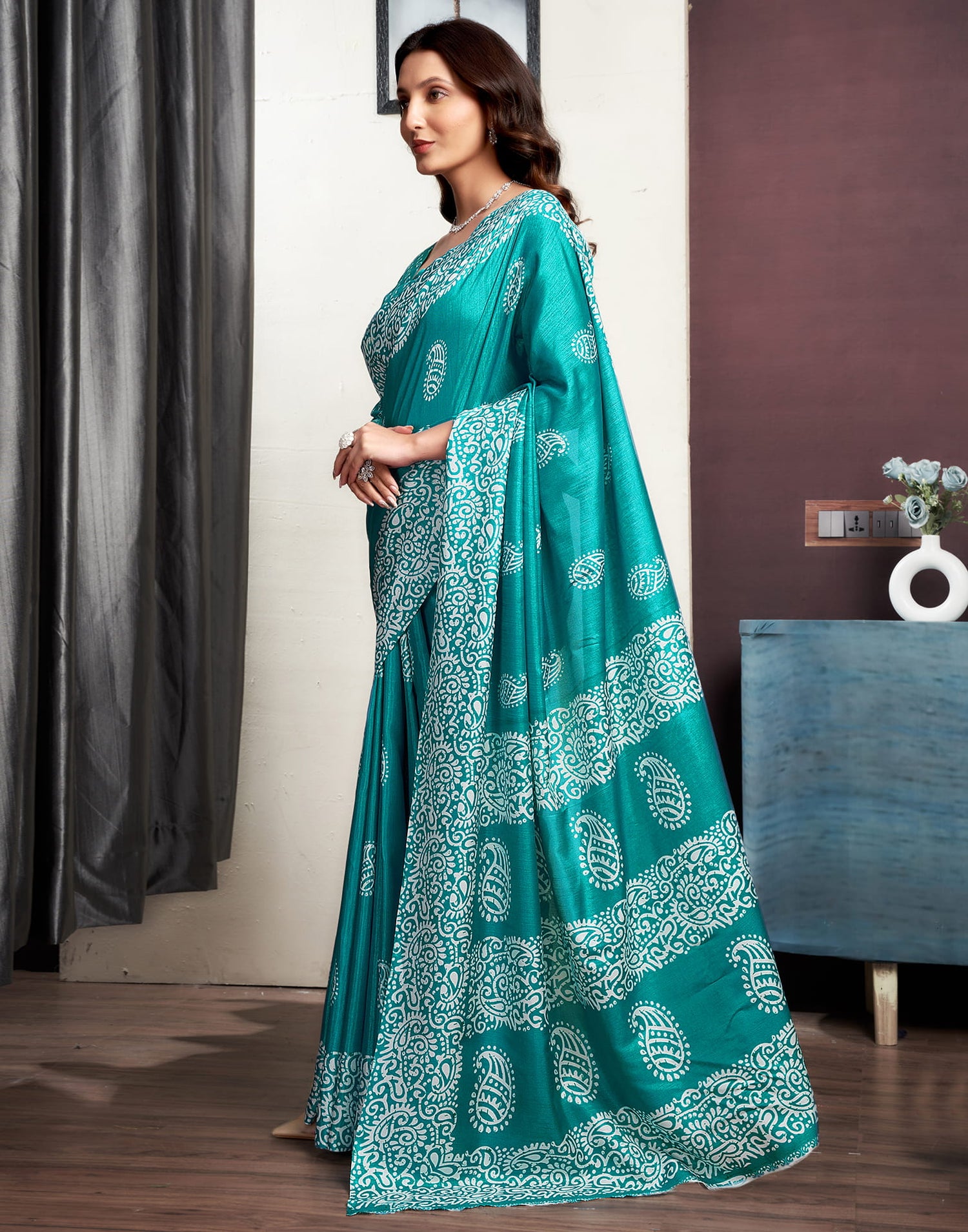 Turquoise Dola Silk Printed Printed Saree