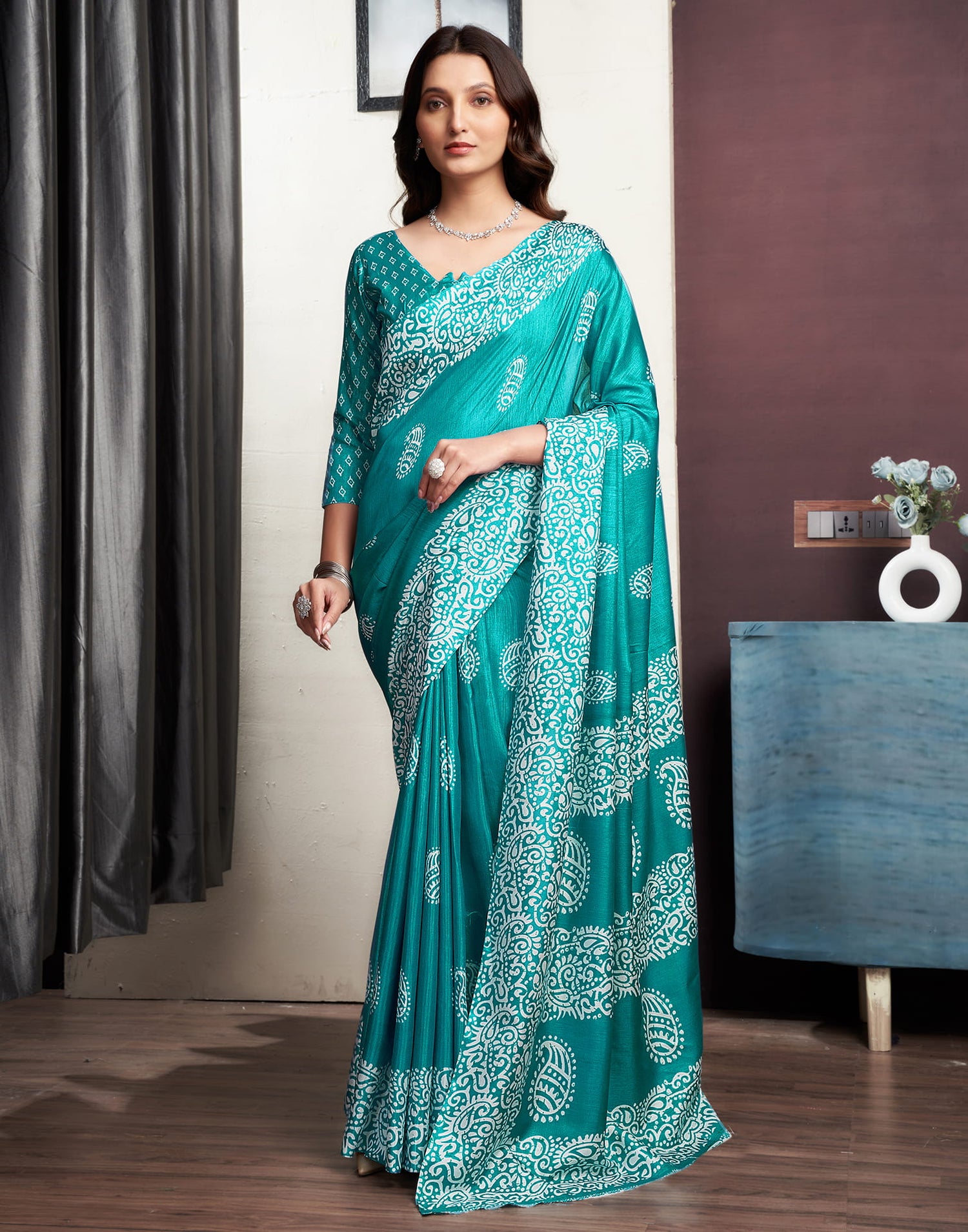 Turquoise Dola Silk Printed Printed Saree
