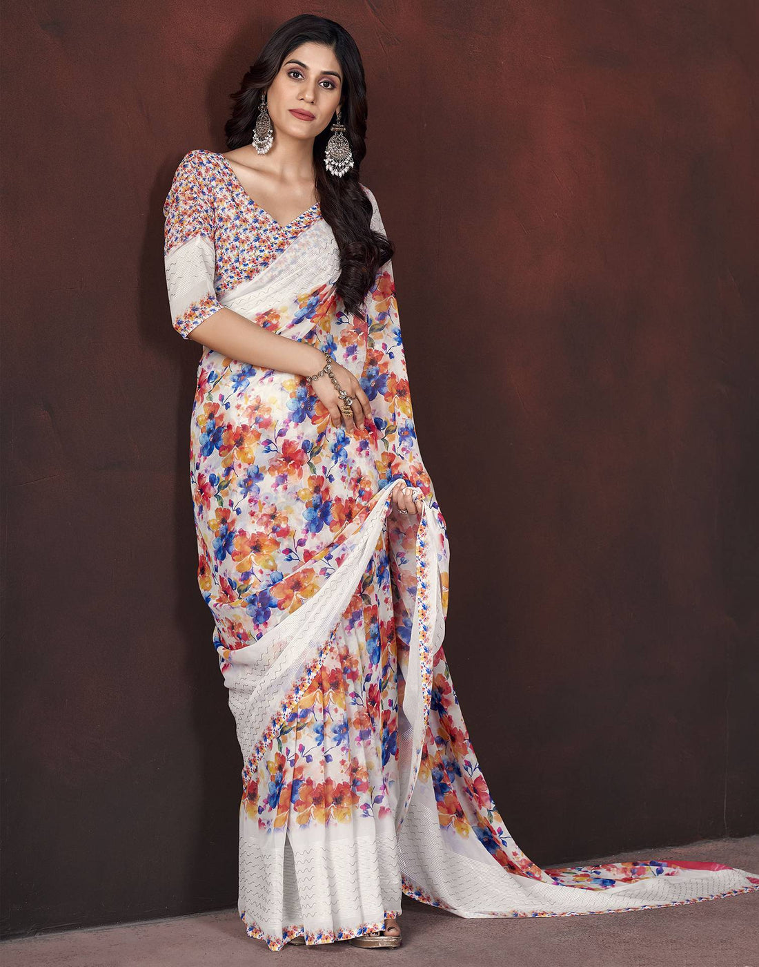 White Floral Printed Georgette Saree