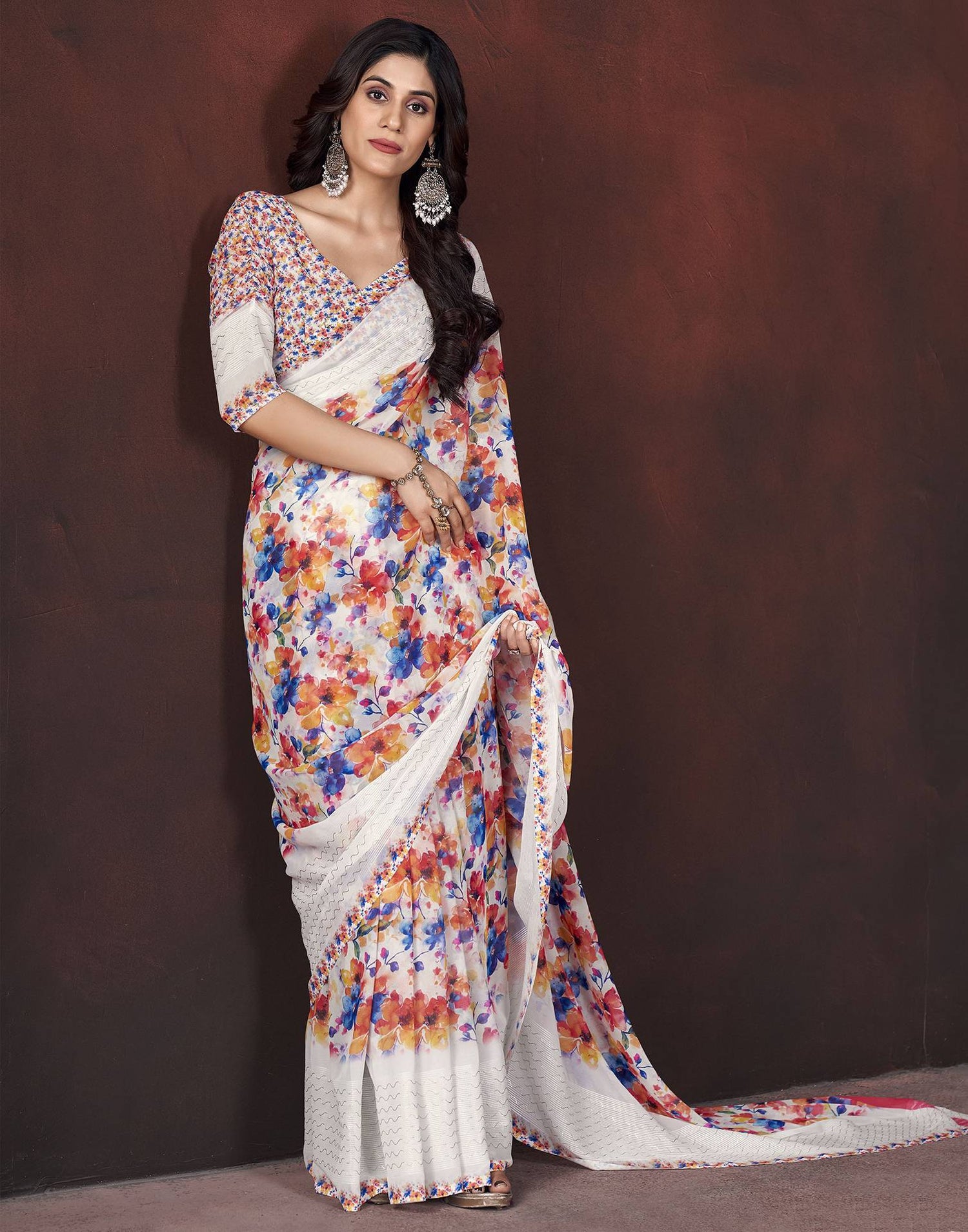 White Floral Printed Georgette Saree