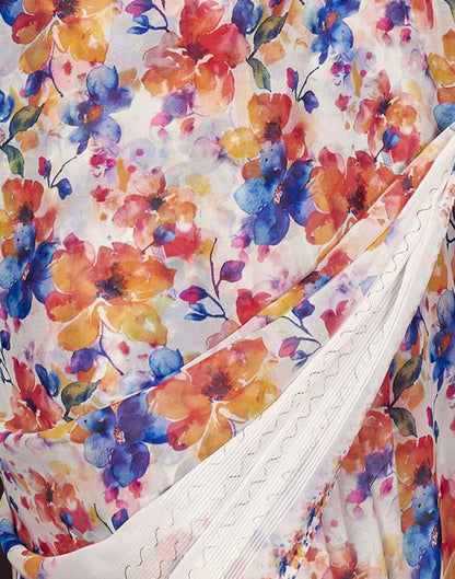 White Floral Printed Georgette Saree