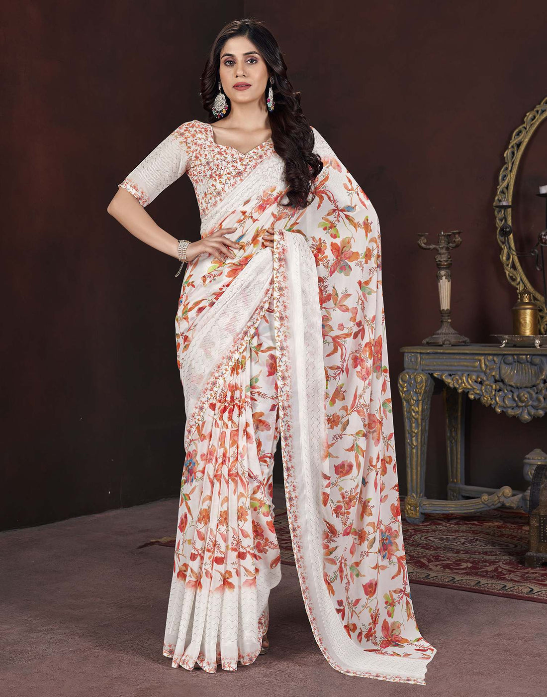 White Floral Printed Georgette Saree