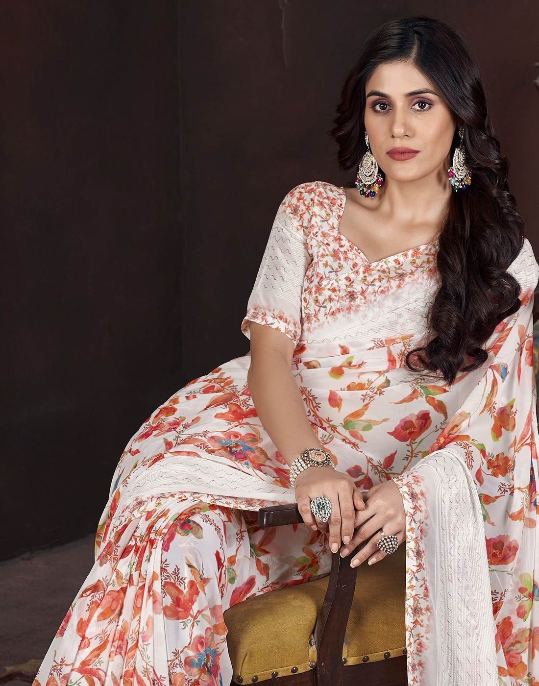 White Floral Printed Georgette Saree