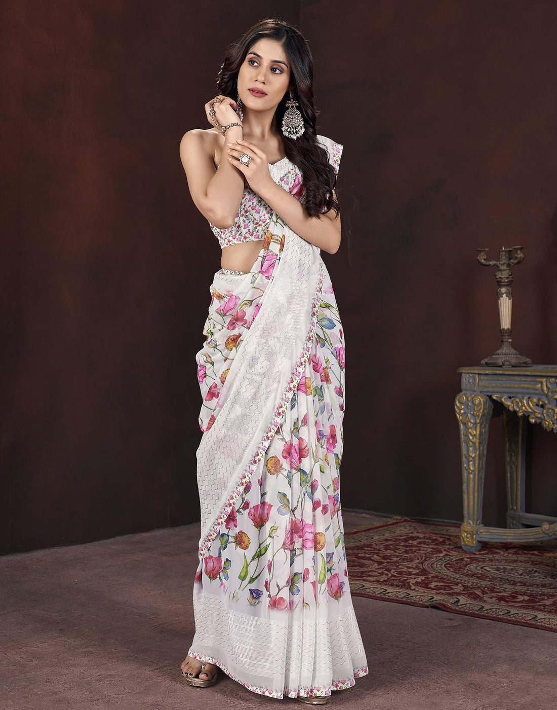 White Floral Printed Georgette Saree