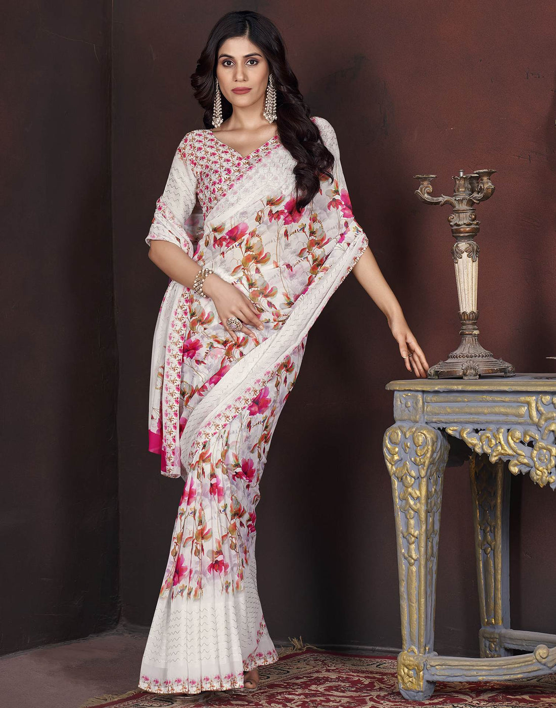 White Floral Printed Georgette Saree