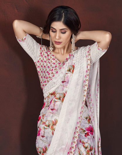 White Floral Printed Georgette Saree