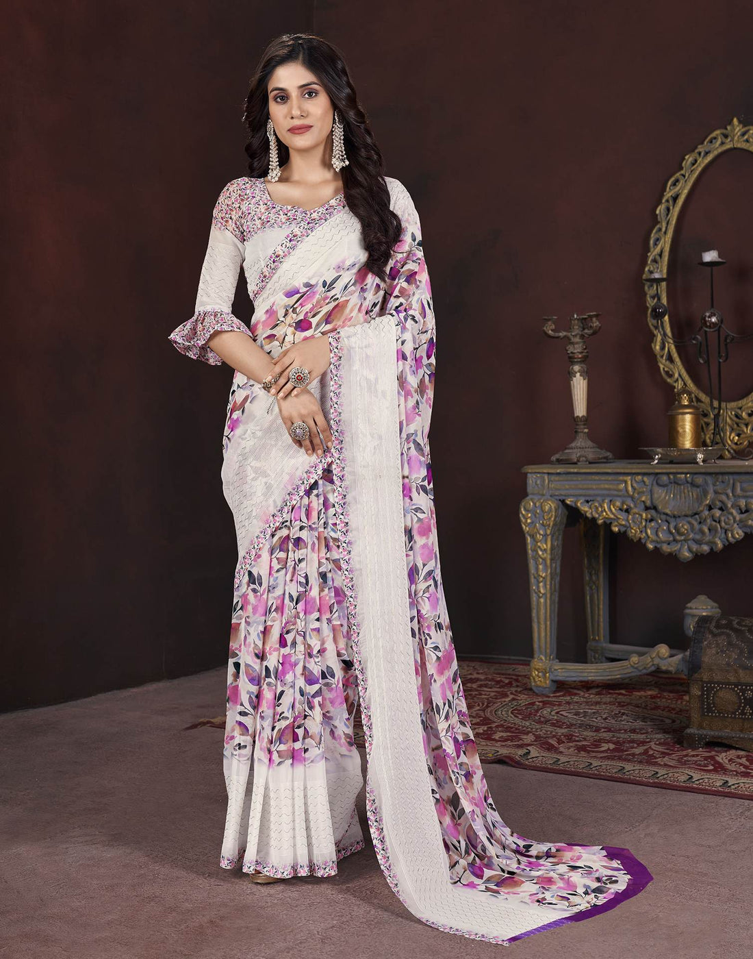 White Floral Printed Georgette Saree