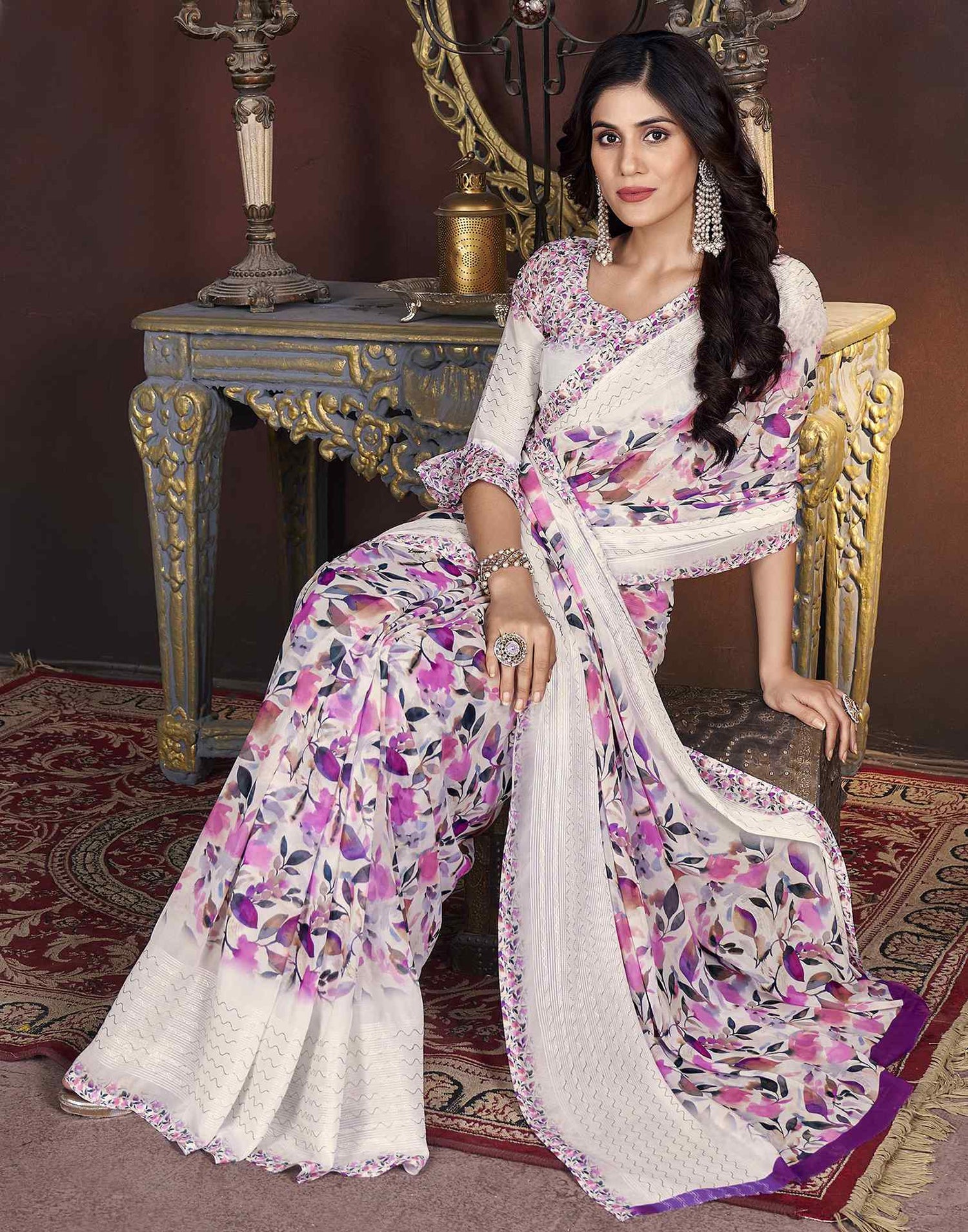White Floral Printed Georgette Saree