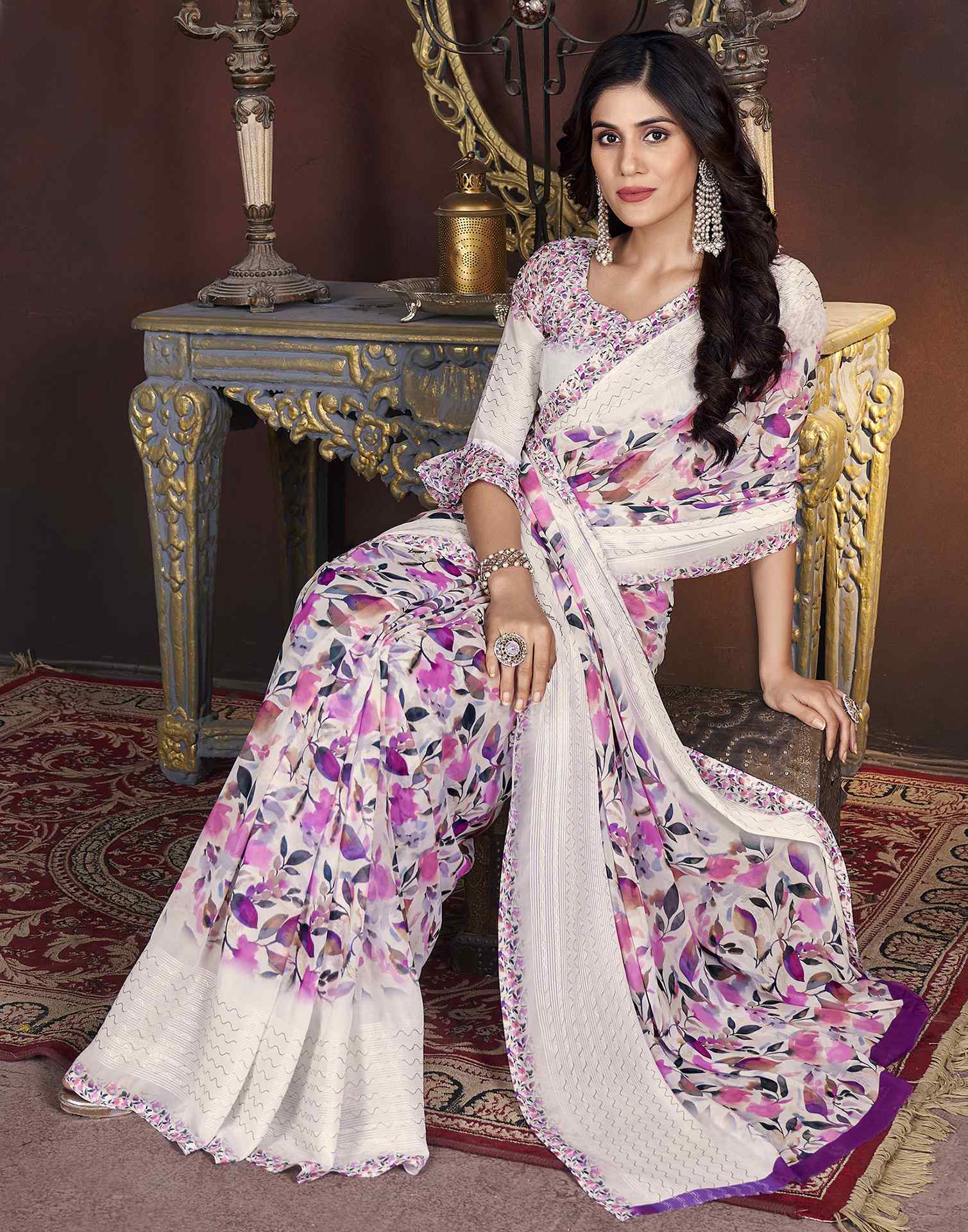 White Floral Printed Georgette Saree