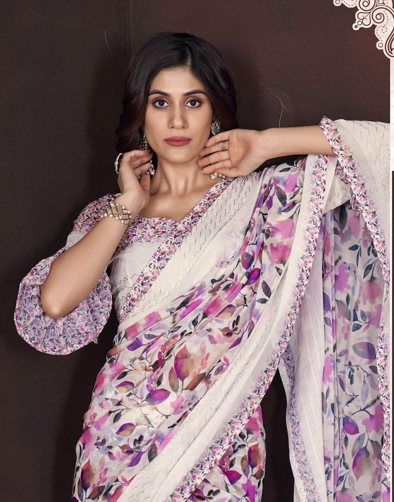 White Floral Printed Georgette Saree