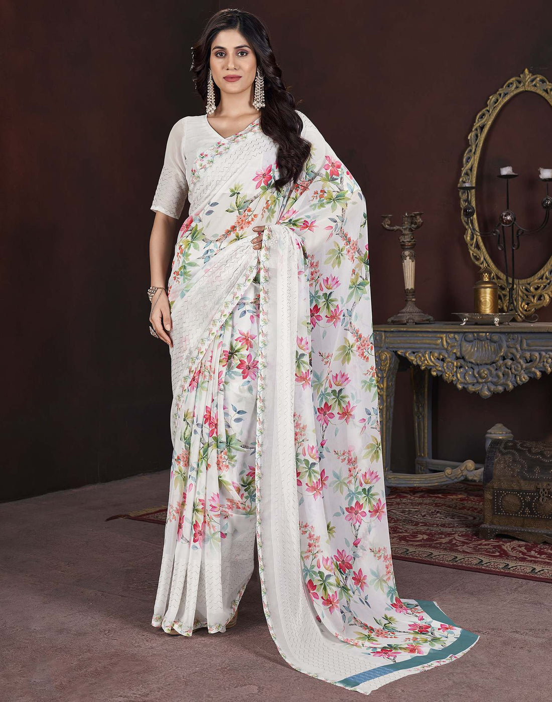 White Floral Printed Georgette Saree