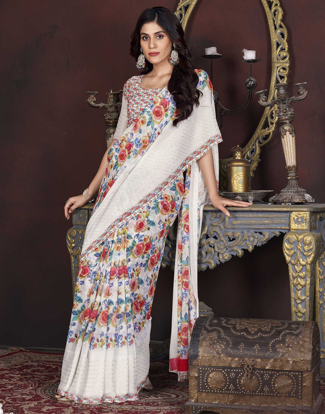 White Floral Printed Georgette Saree
