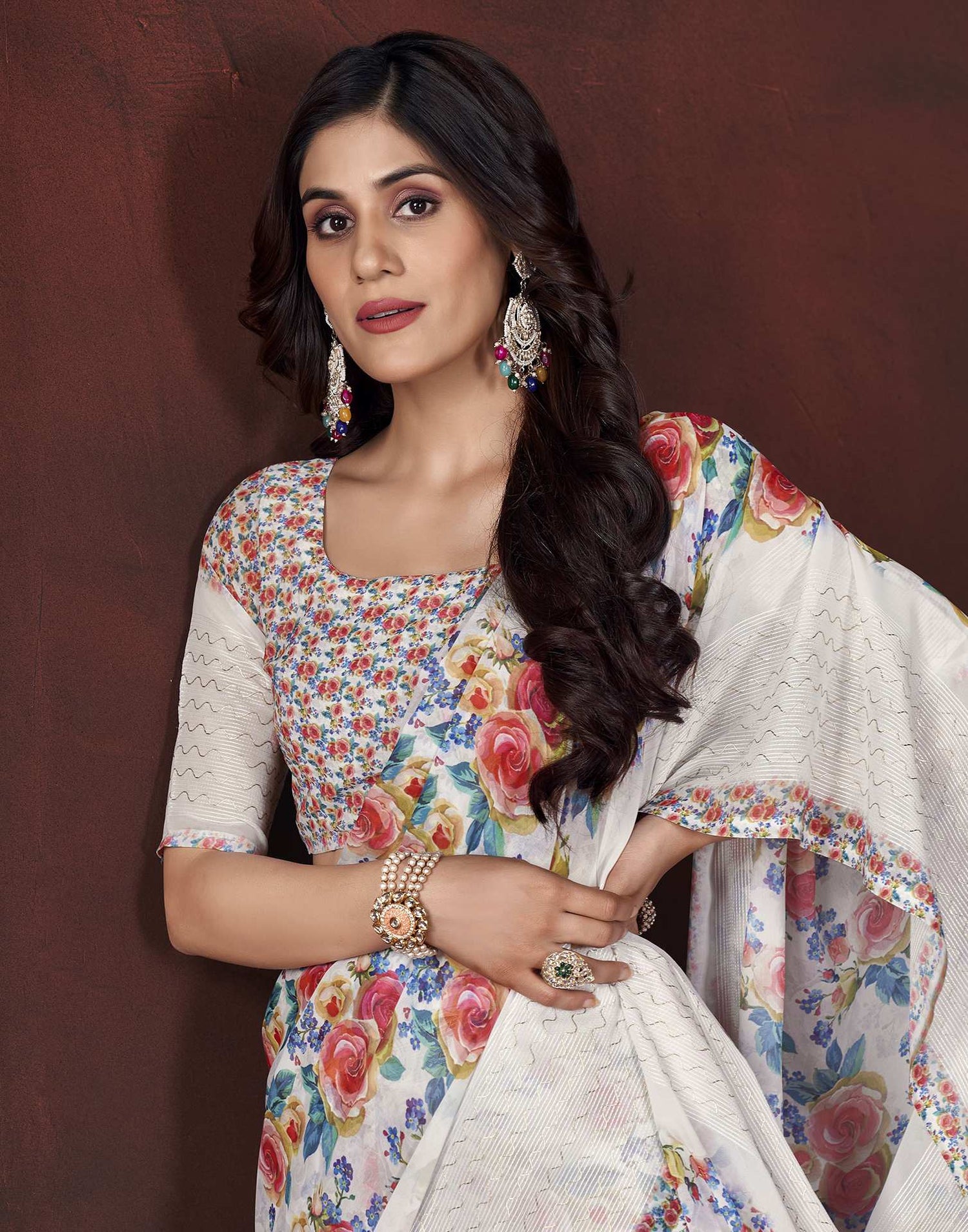 White Floral Printed Georgette Saree
