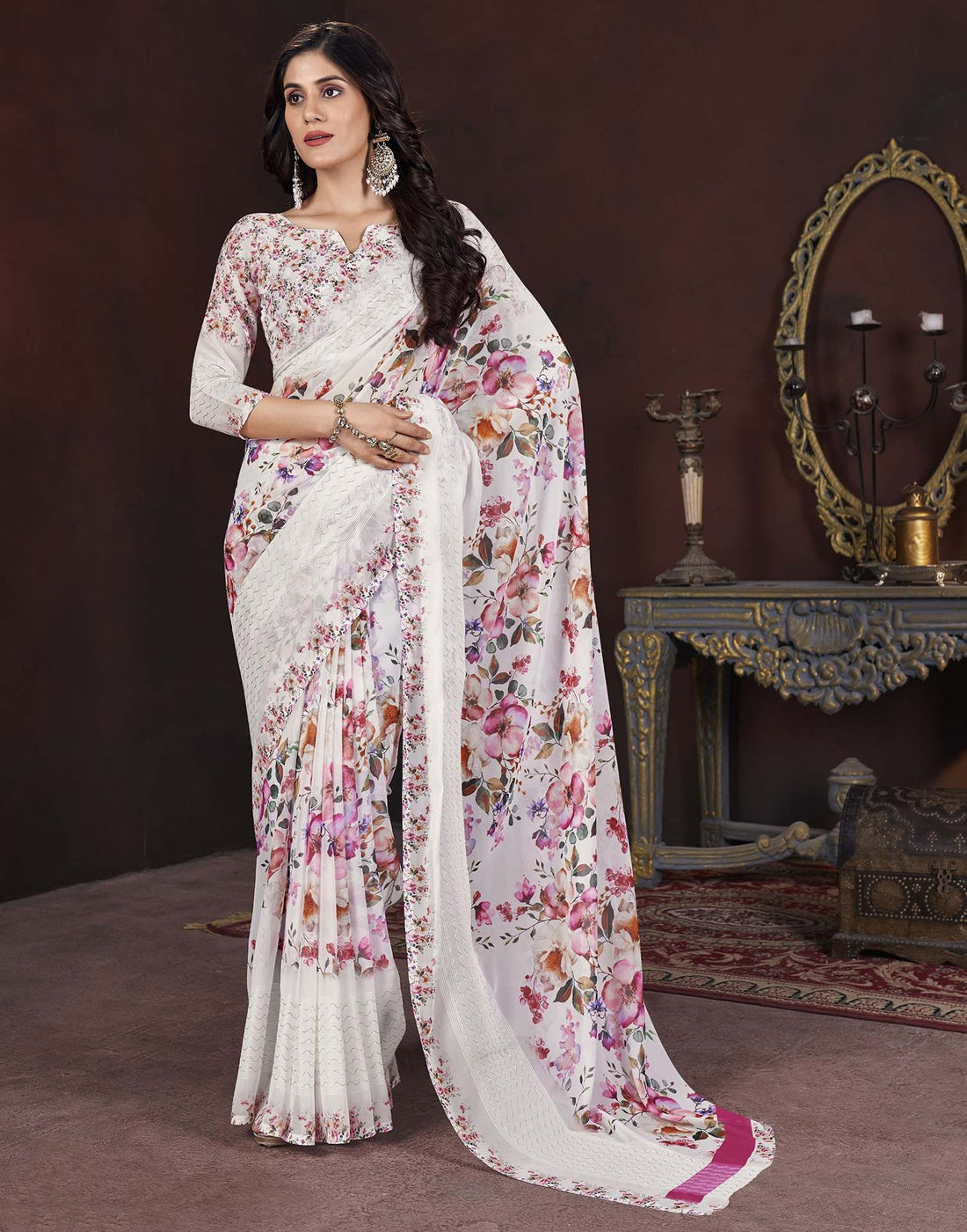 White Floral Printed Georgette Saree