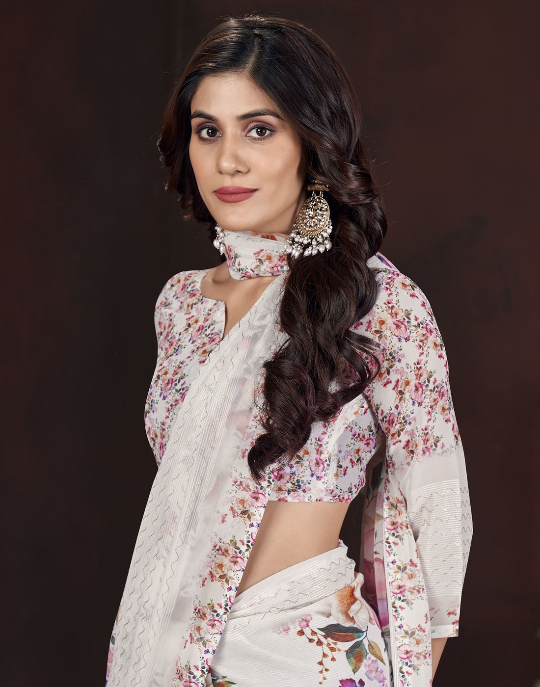 White Floral Printed Georgette Saree