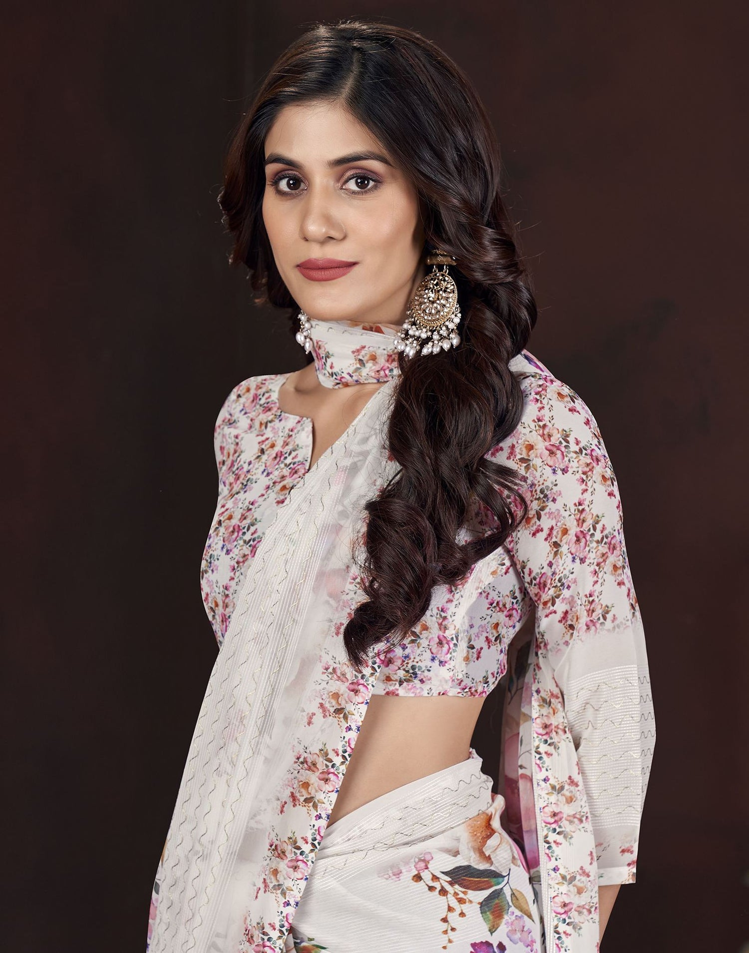 White Floral Printed Georgette Saree