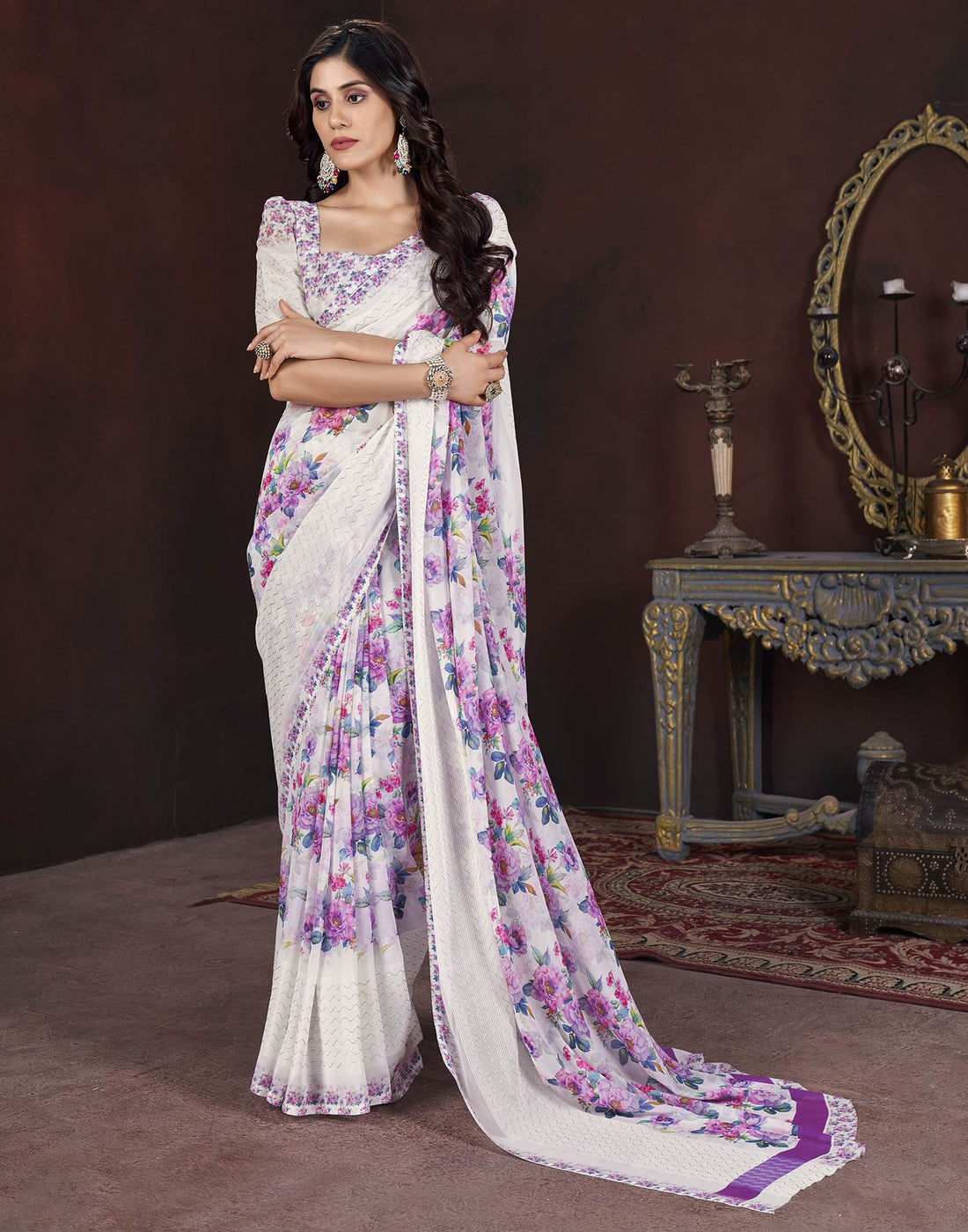 White Floral Printed Georgette Saree
