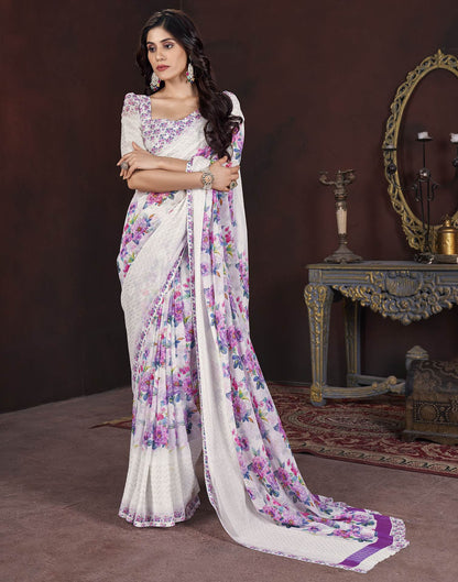 White Floral Printed Georgette Saree