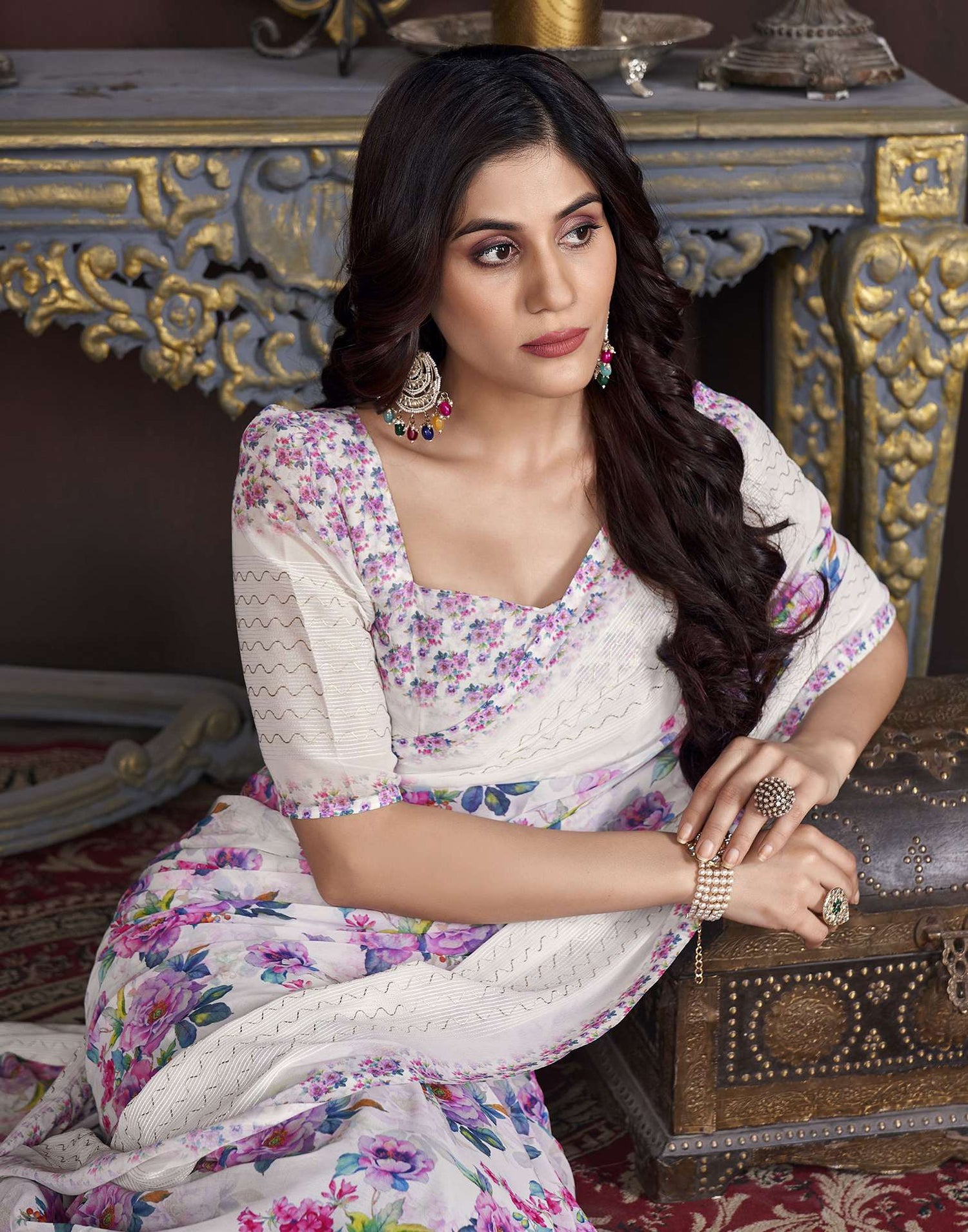 White Floral Printed Georgette Saree