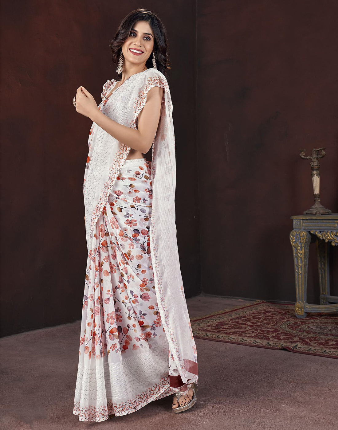White Floral Printed Georgette Saree