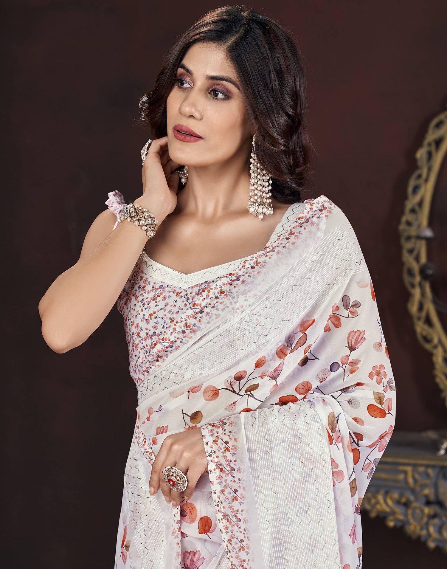 White Floral Printed Georgette Saree