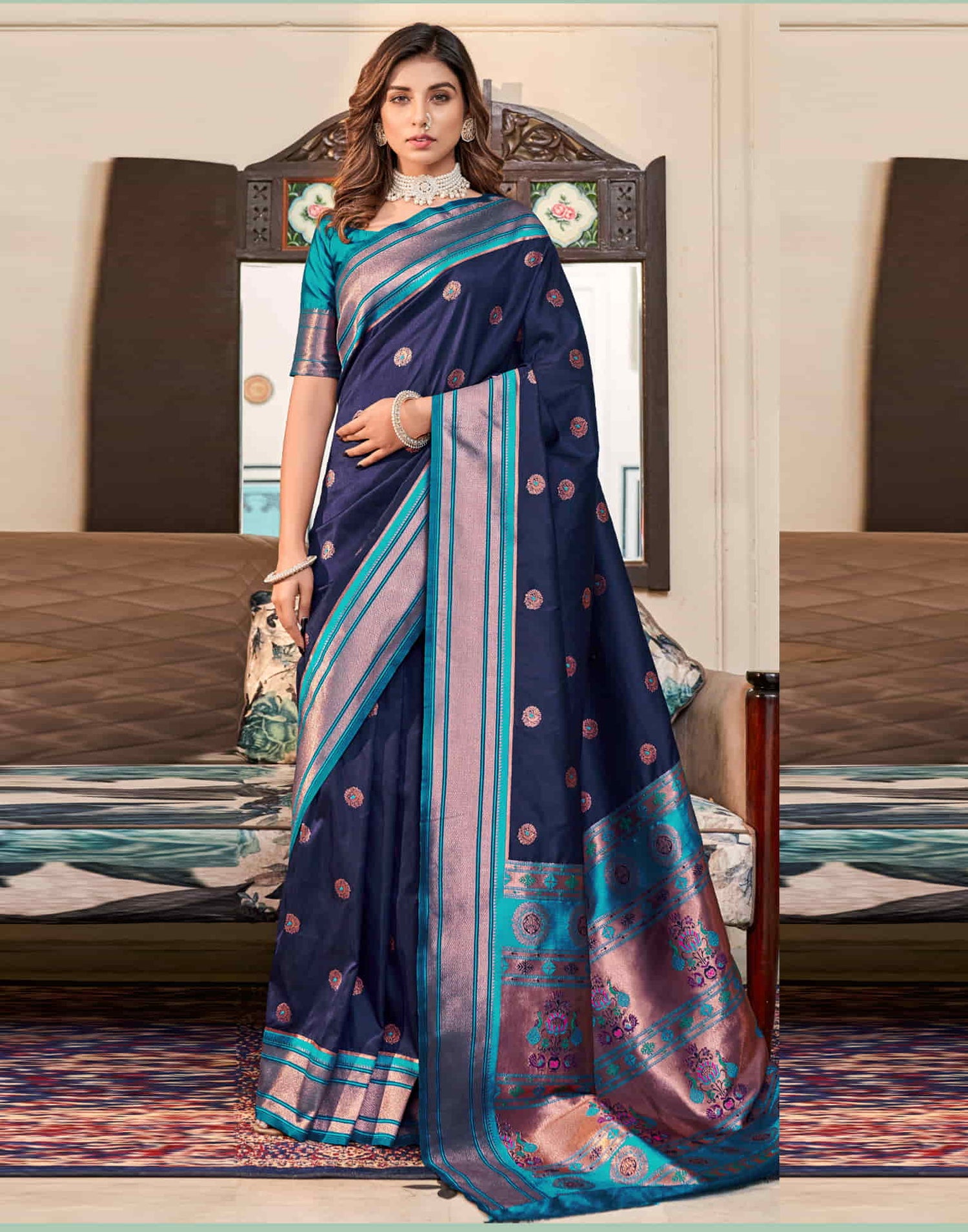 Navy Blue Silk Woven Paithani Saree