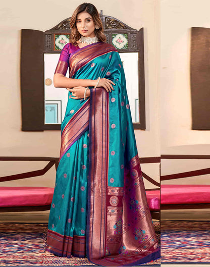 Teal Blue Silk Weaving Paithani Saree