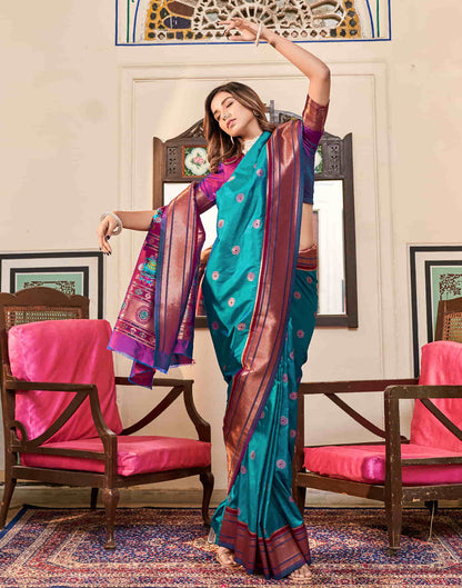 Teal Blue Silk Weaving Paithani Saree