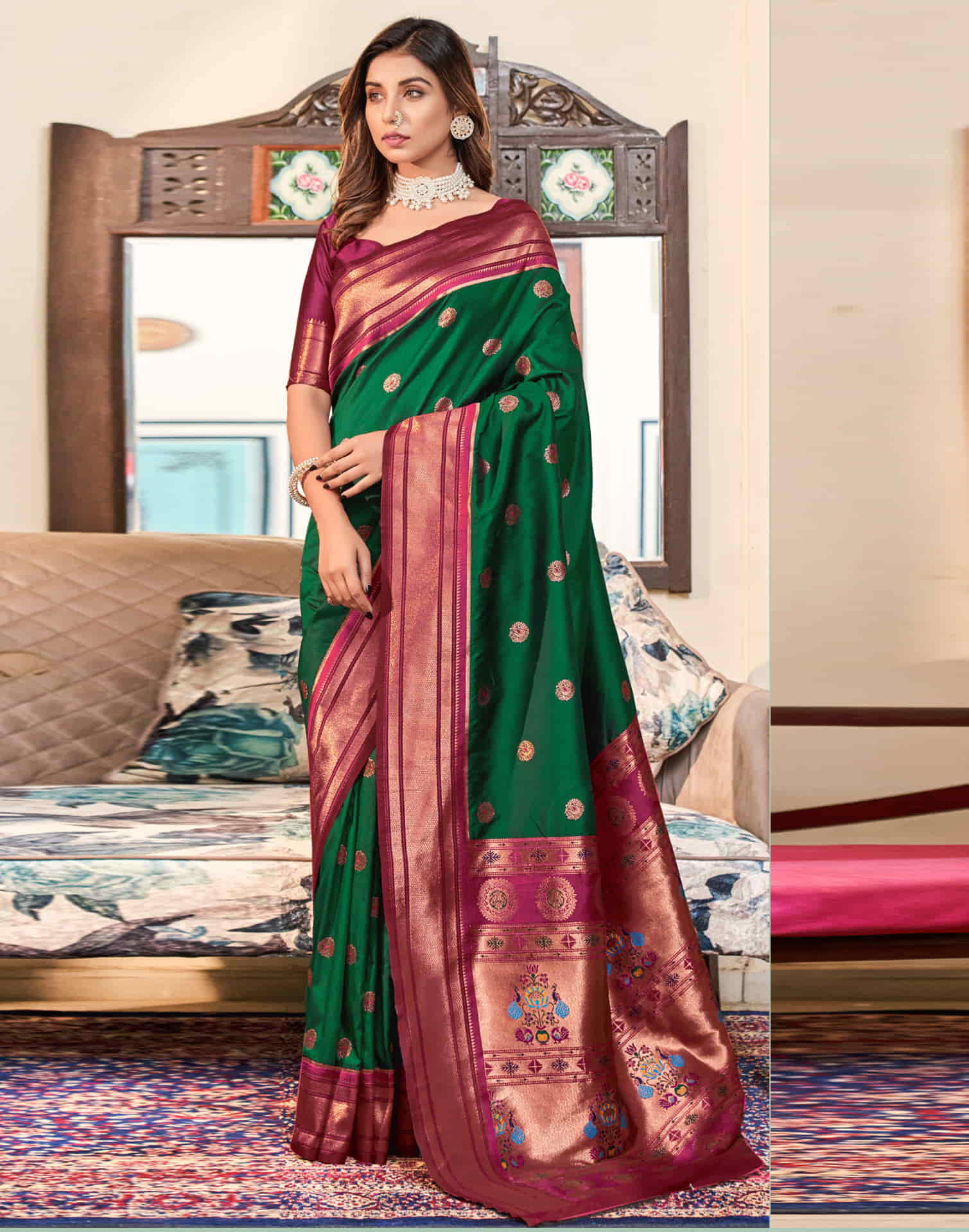 Dark Green Silk Weaving Paithani Saree