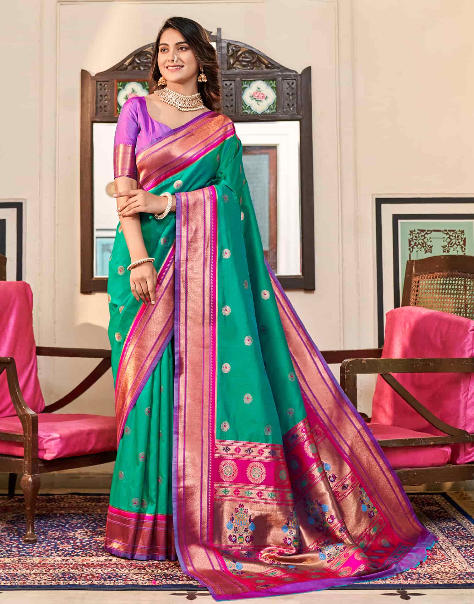 Teal Green Silk Weaving Paithani Saree