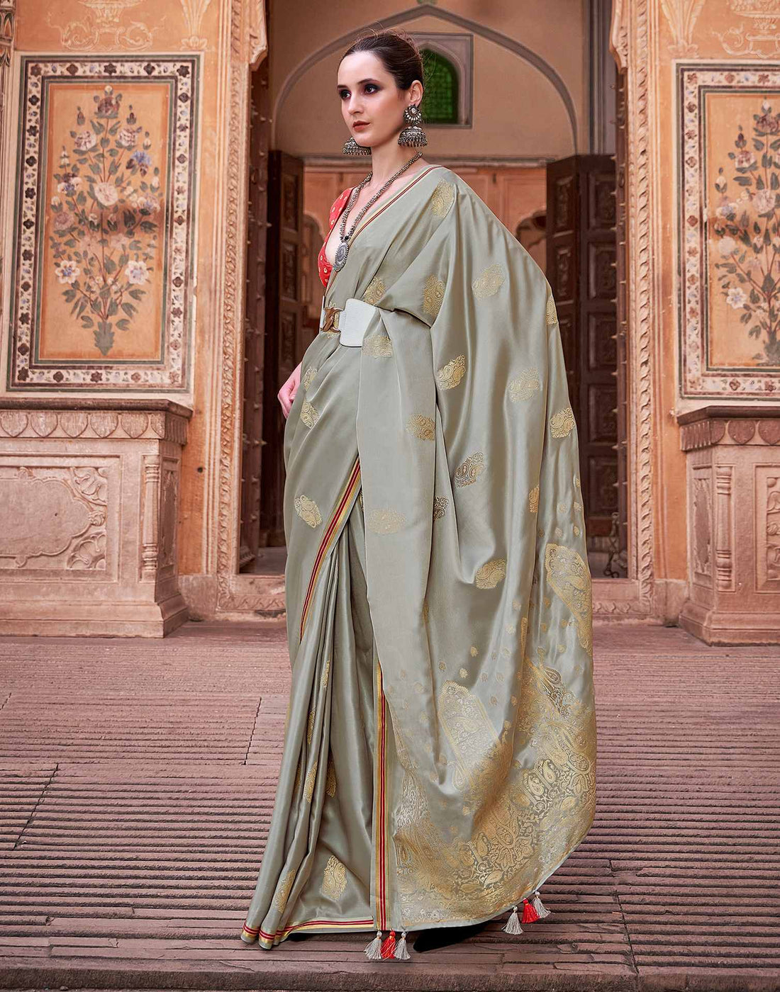 Light Grey Jacquard Silk Saree