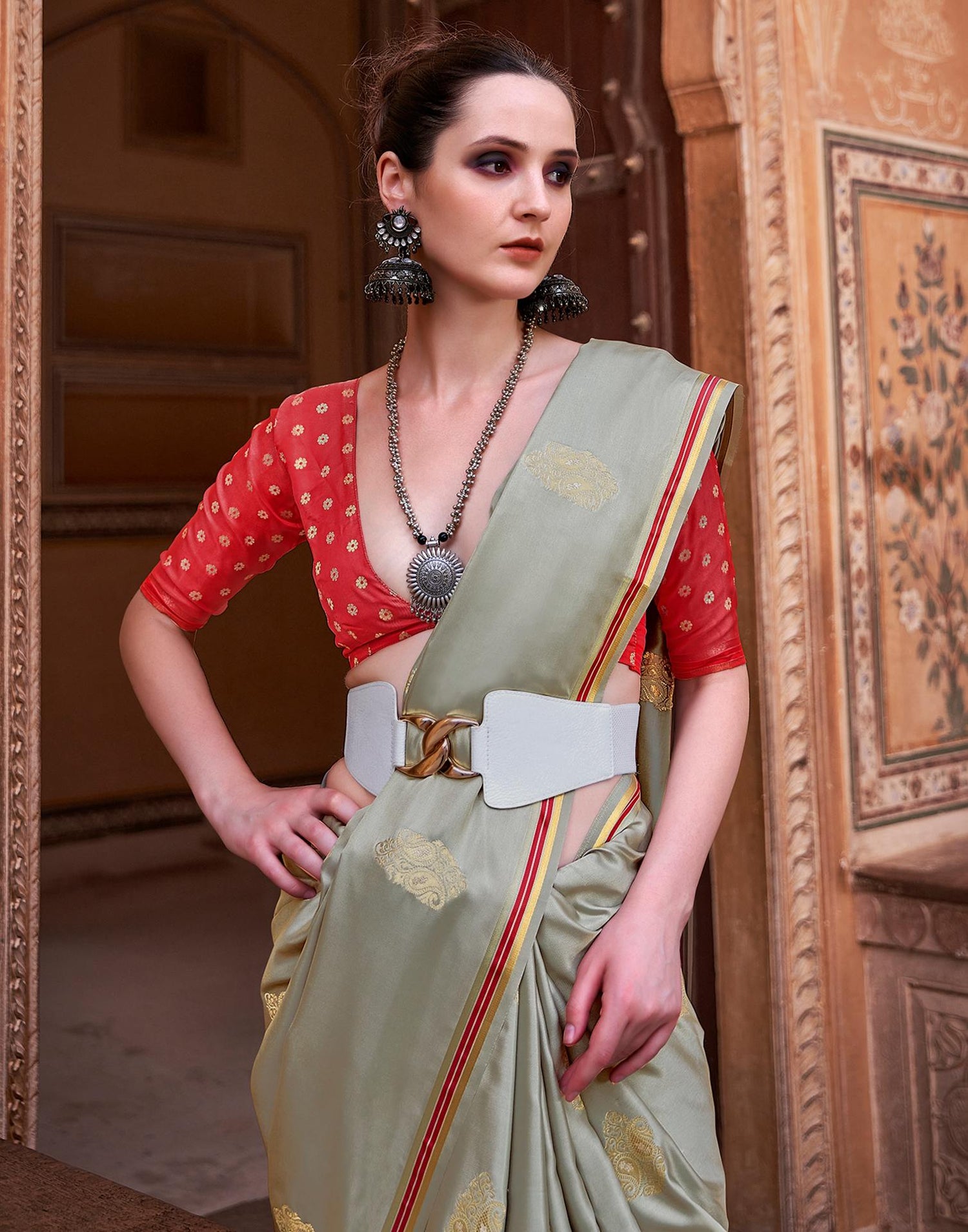 Light Grey Jacquard Silk Saree