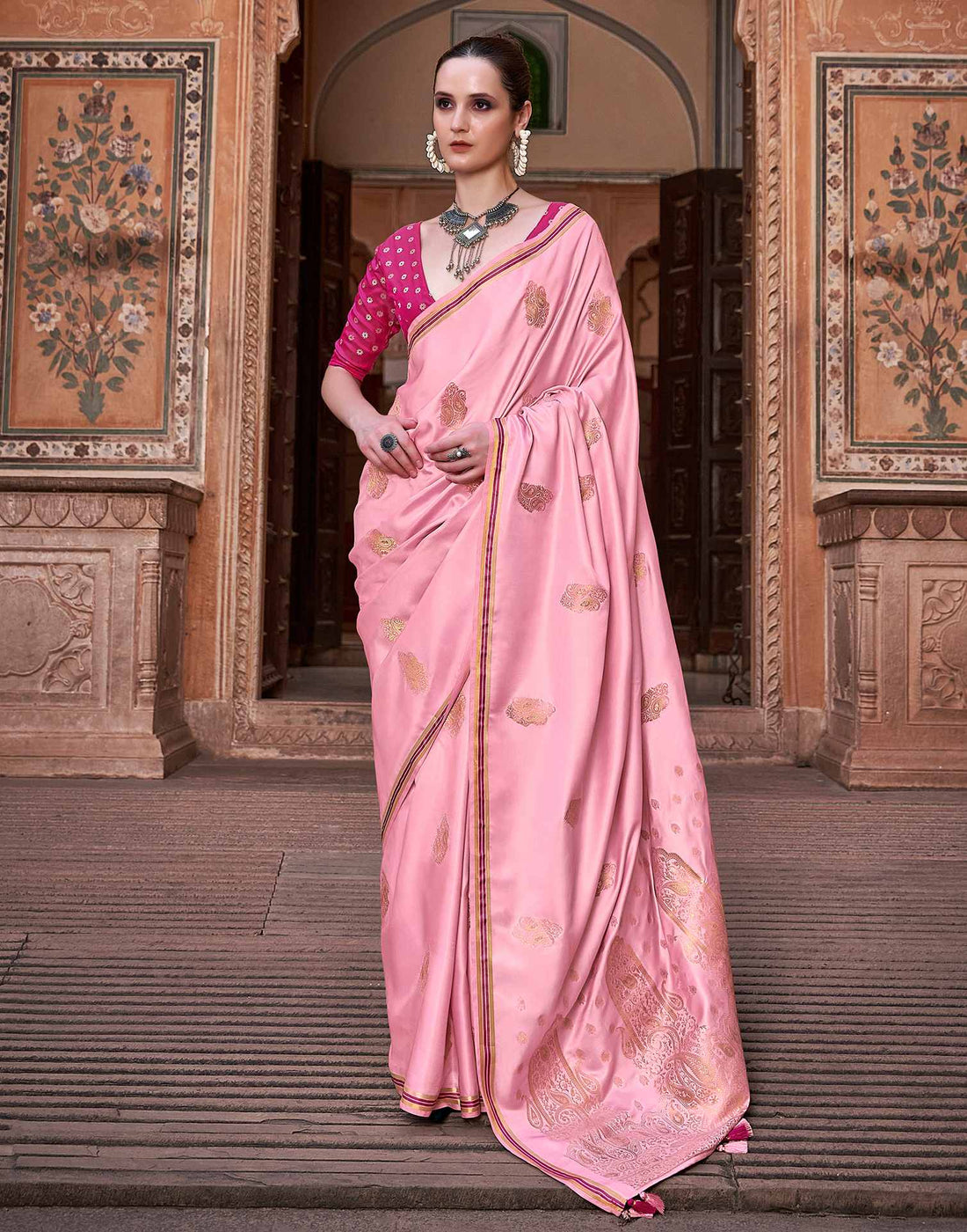 Rose Pink Jacquard Silk Saree